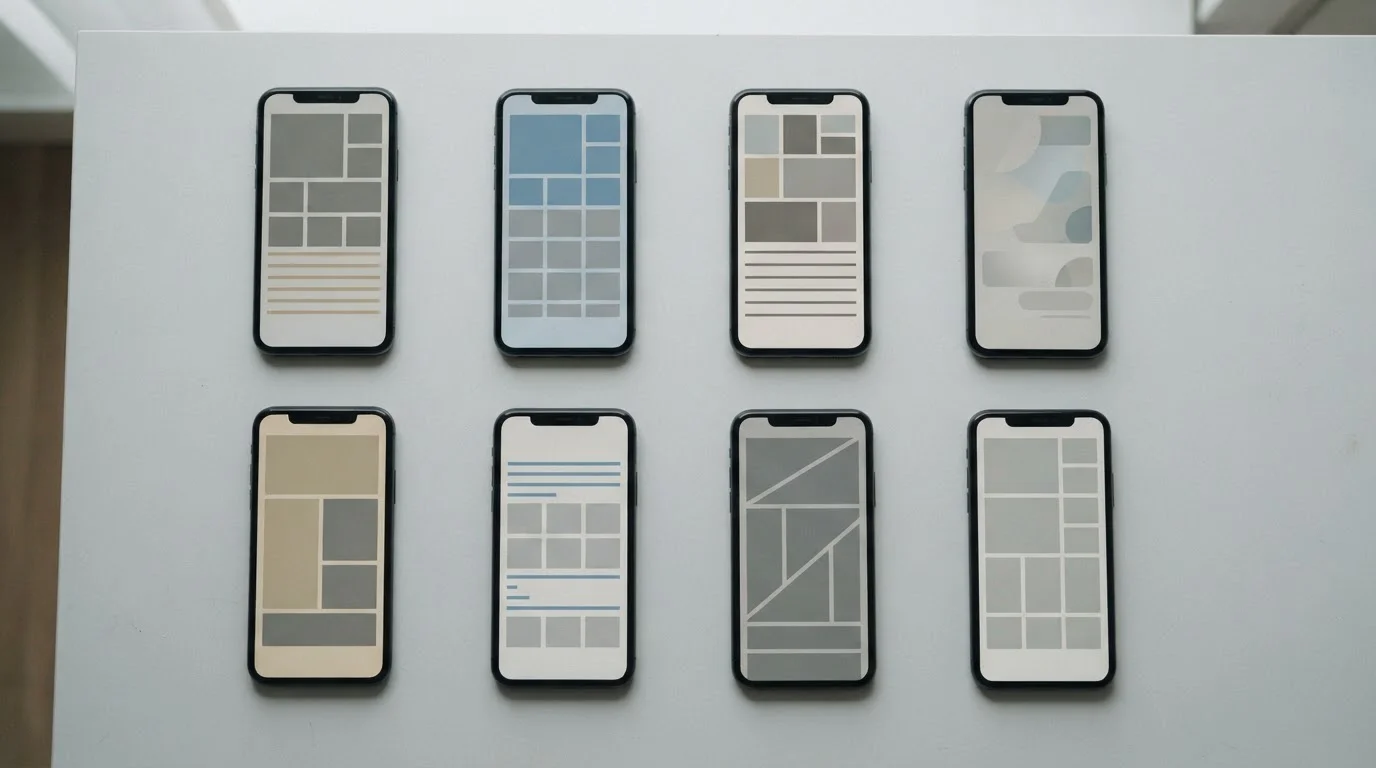 Bovenaanzicht van meerdere smartphones met lege interfaces gerangschikt op een tafel