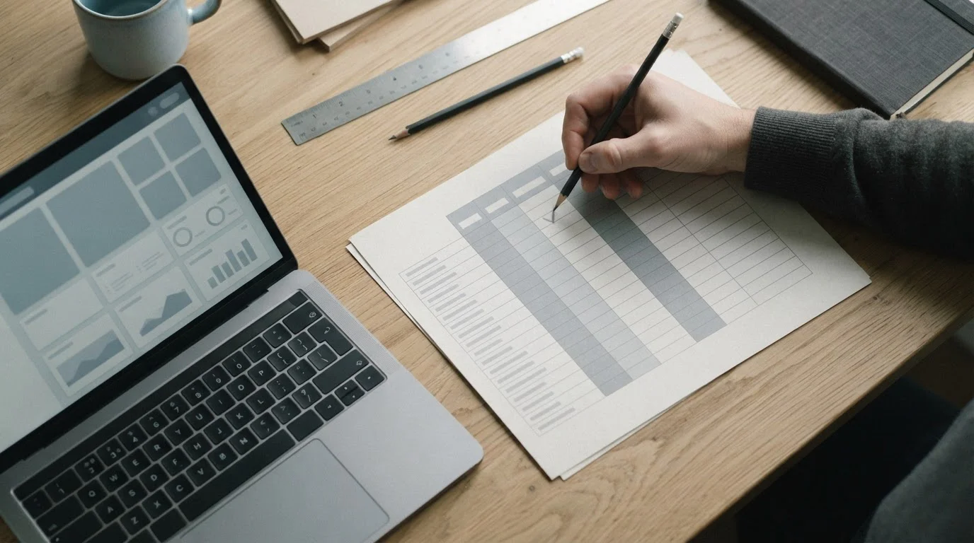 Vergelijkingstabel op papier met acht neutrale kolommen naast een laptop