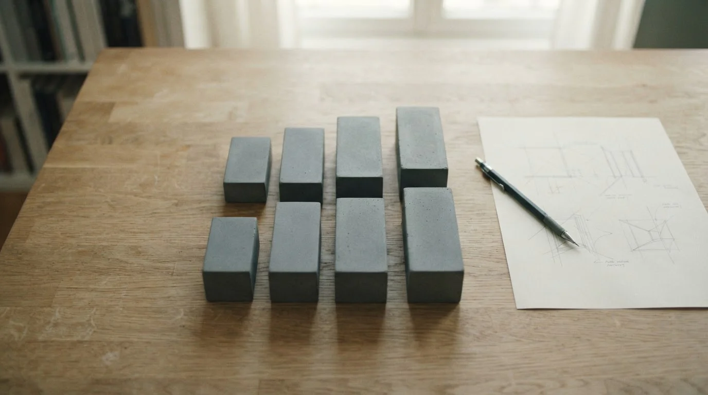 Acht abstracte blokken op een tafel, gerangschikt als spelersveld