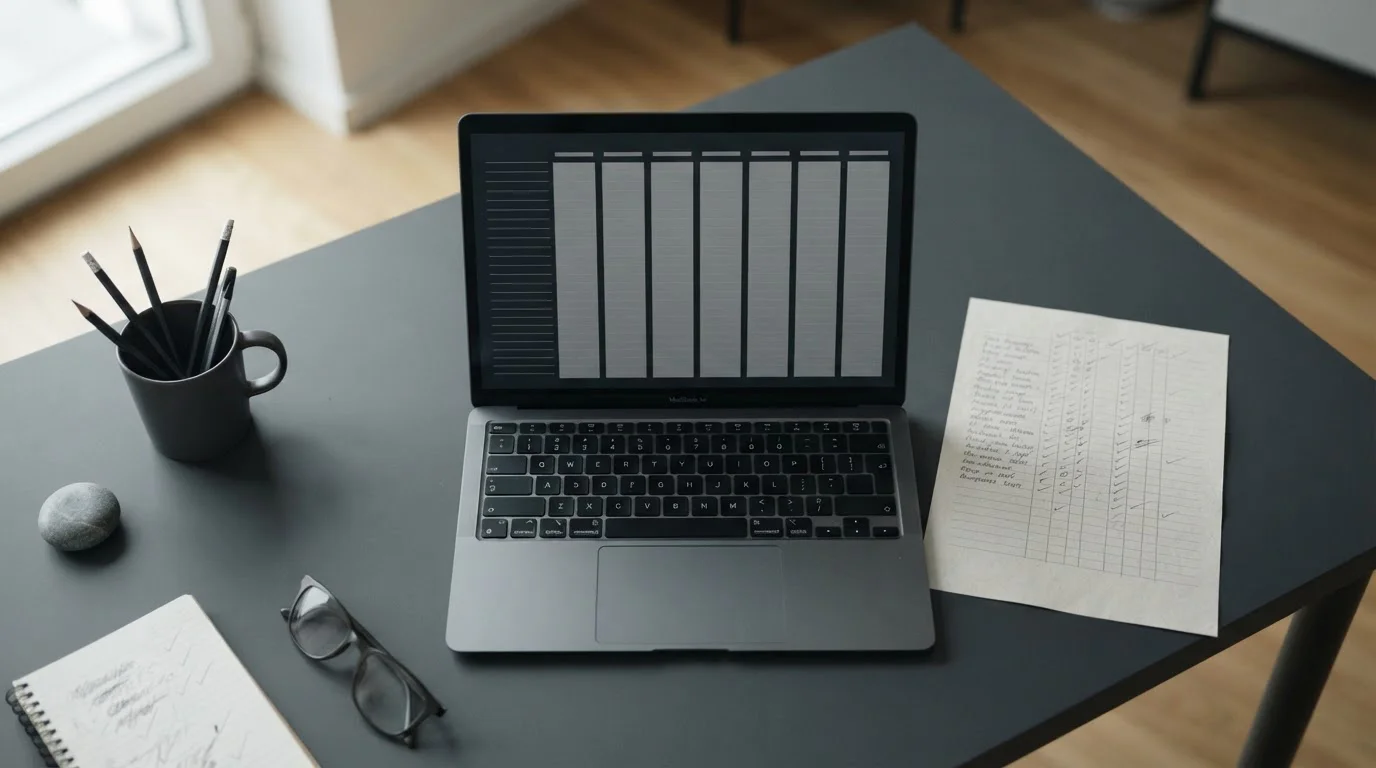 Vergelijkende tabel met acht neutrale kolommen op een laptopscherm