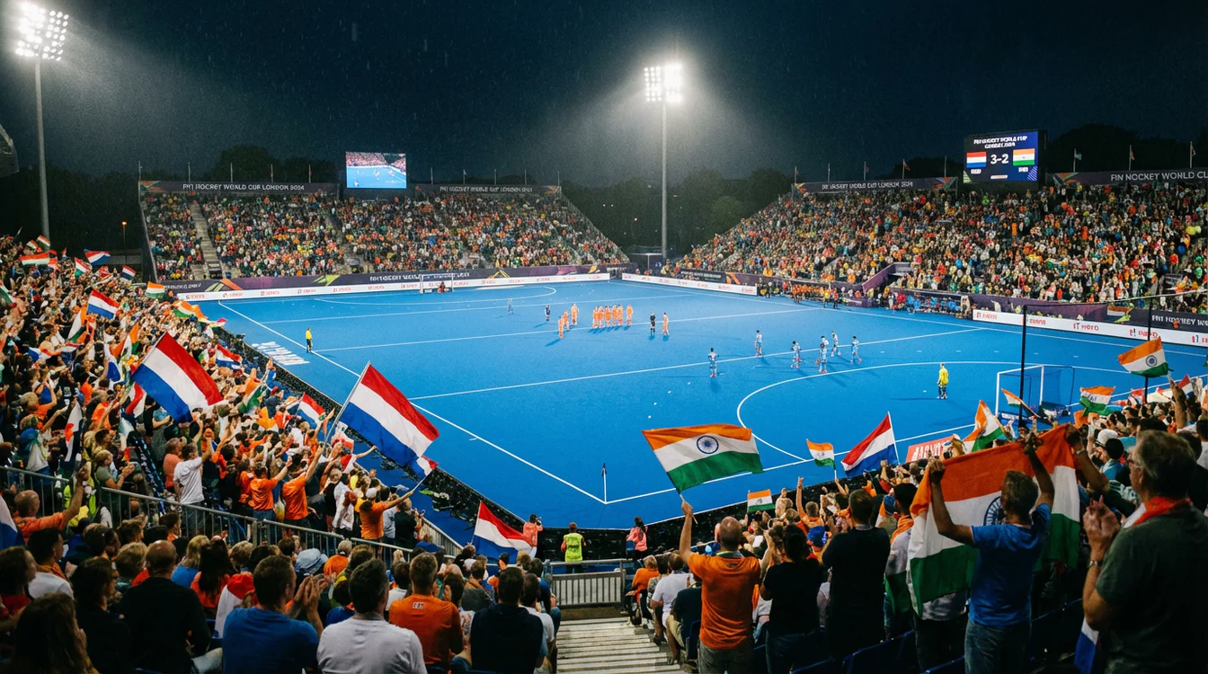 Hockeystadion tijdens internationaal toernooi met volle tribunes