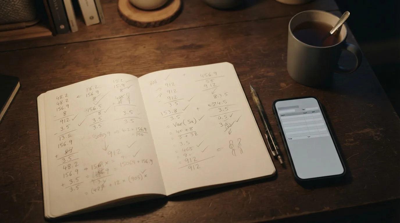Notitieboek met handgeschreven berekening naast smartphone op tafel