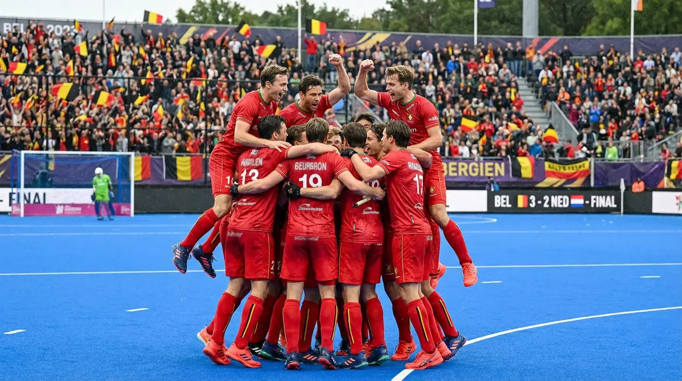 Belgisch hockeyteam de Red Lions viert een overwinning