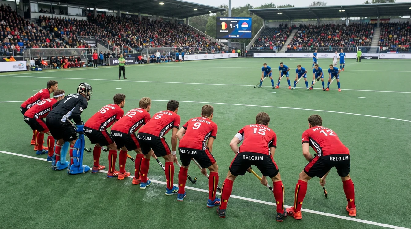 Belgische hockeyspelers in tactische formatie op het veld