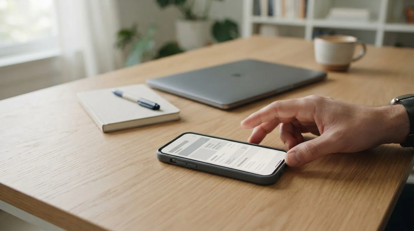 Smartphone op tafel met een neutrale bankachtige interface naast een laptop