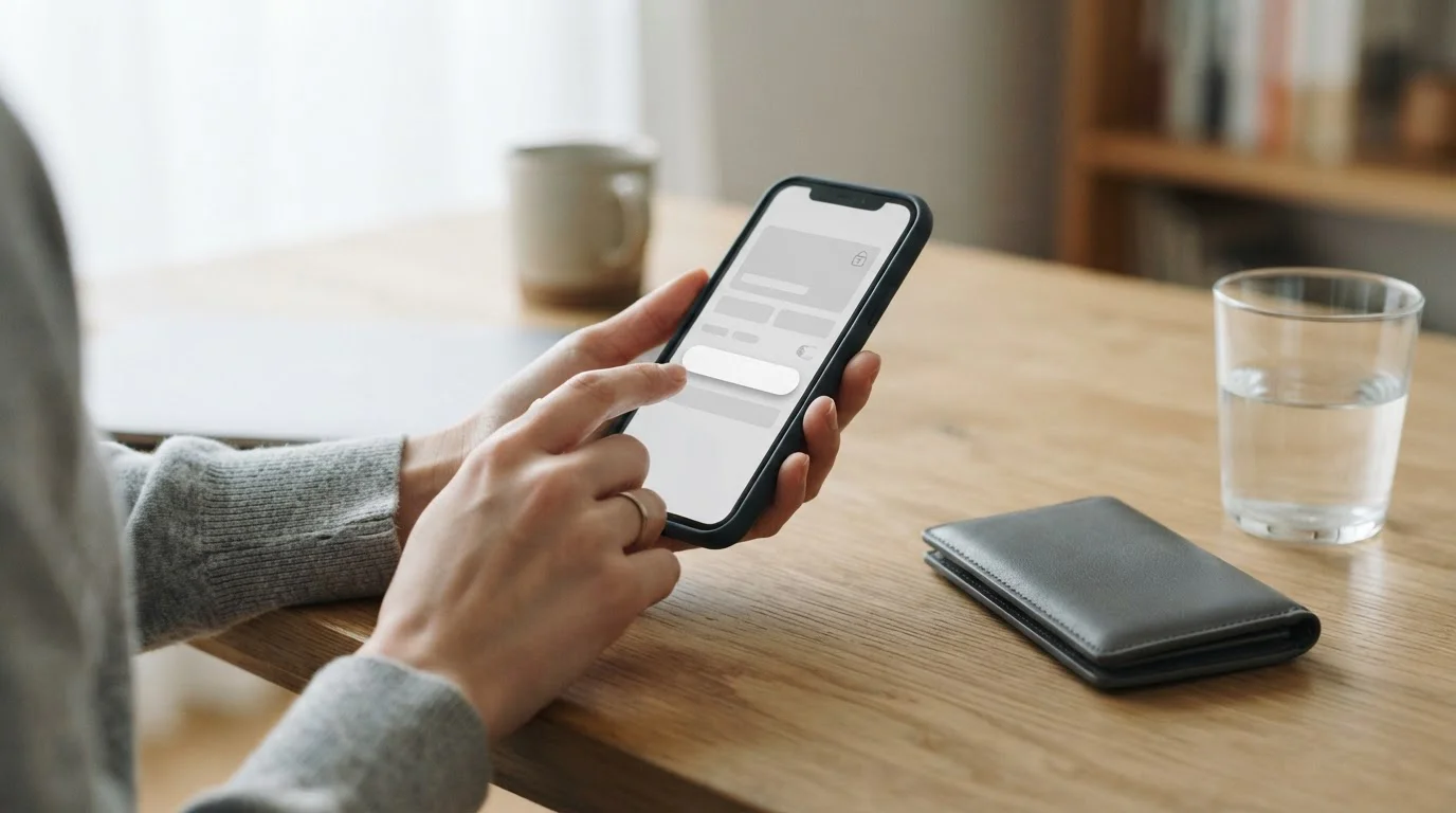Vingers bedienen een telefoon met een neutraal betaalscherm en een leeg overzicht van bedragen