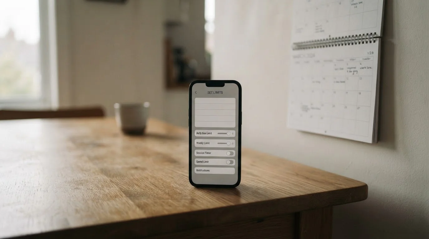 Telefoon toont een leeg limietenscherm met schuifbalken naast een papieren kalender op tafel