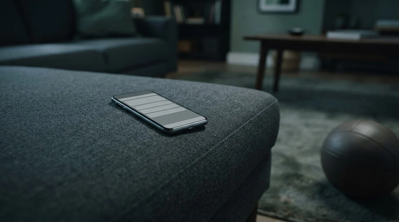 Smartphone op een bank met neutrale interface, naast een voetbal, verwijzend naar live wedden en betaaltiming