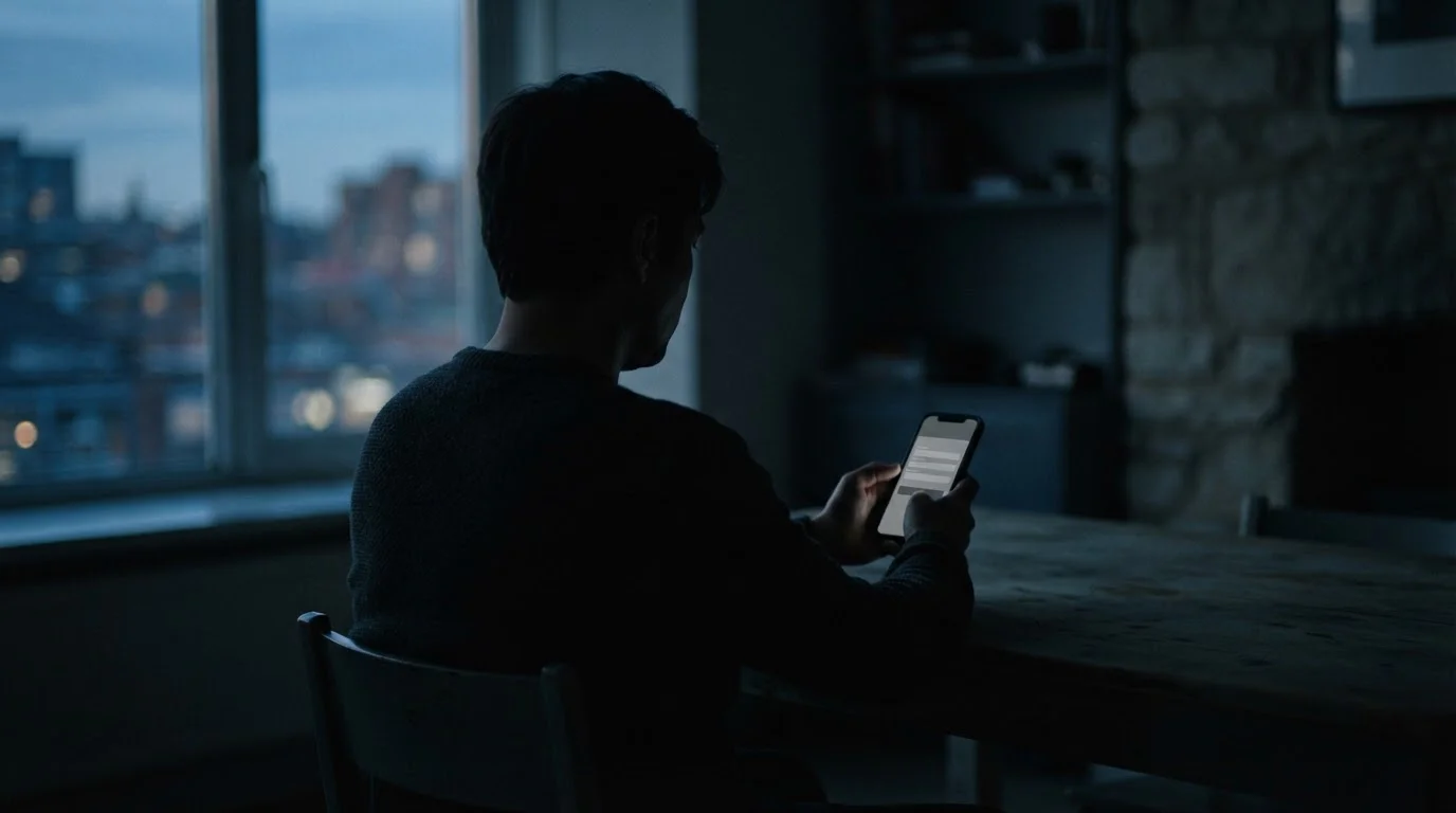 Silhouet van een persoon die op een telefoon een neutraal registratiescherm bekijkt
