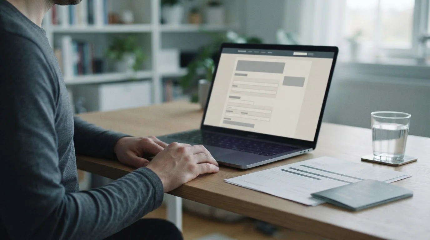 Persoon aan bureau die zich inschrijft bij een register op een neutrale laptop