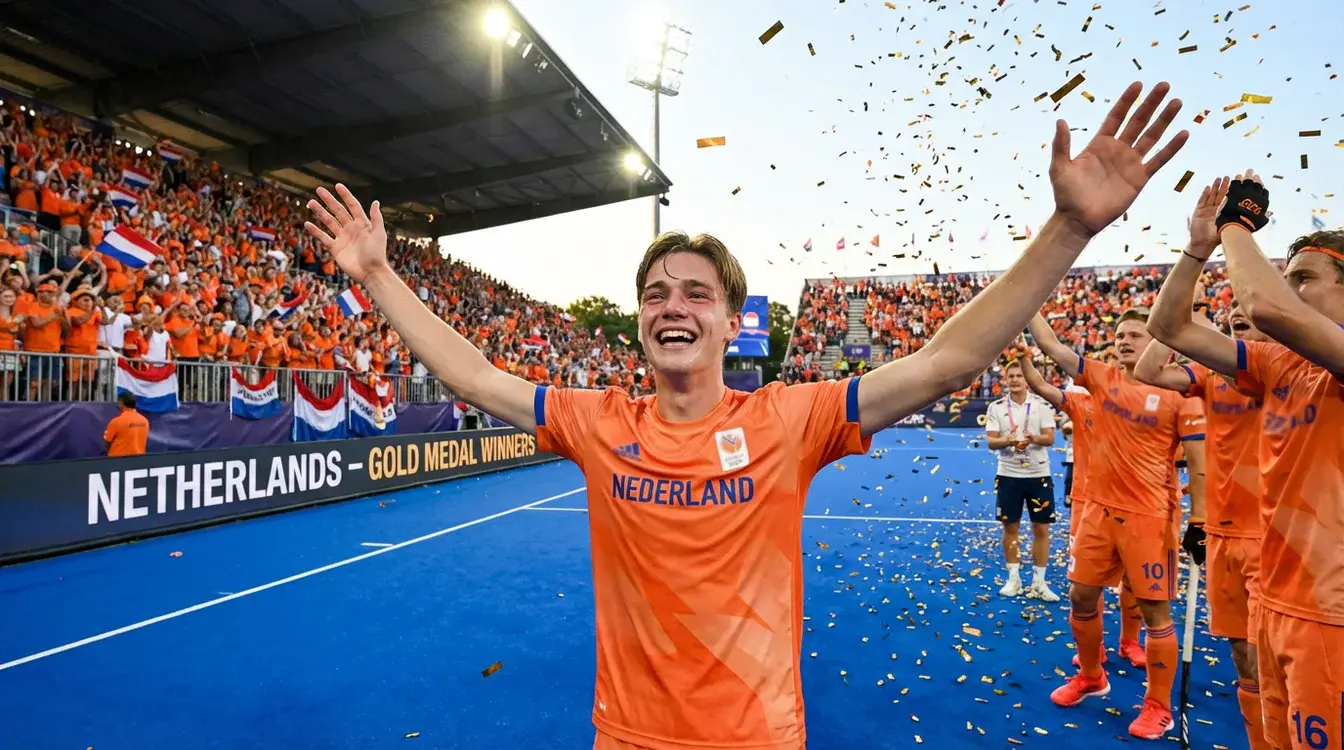 Duco Telgenkamp viert de olympische titel met het Nederlands hockeyelftal