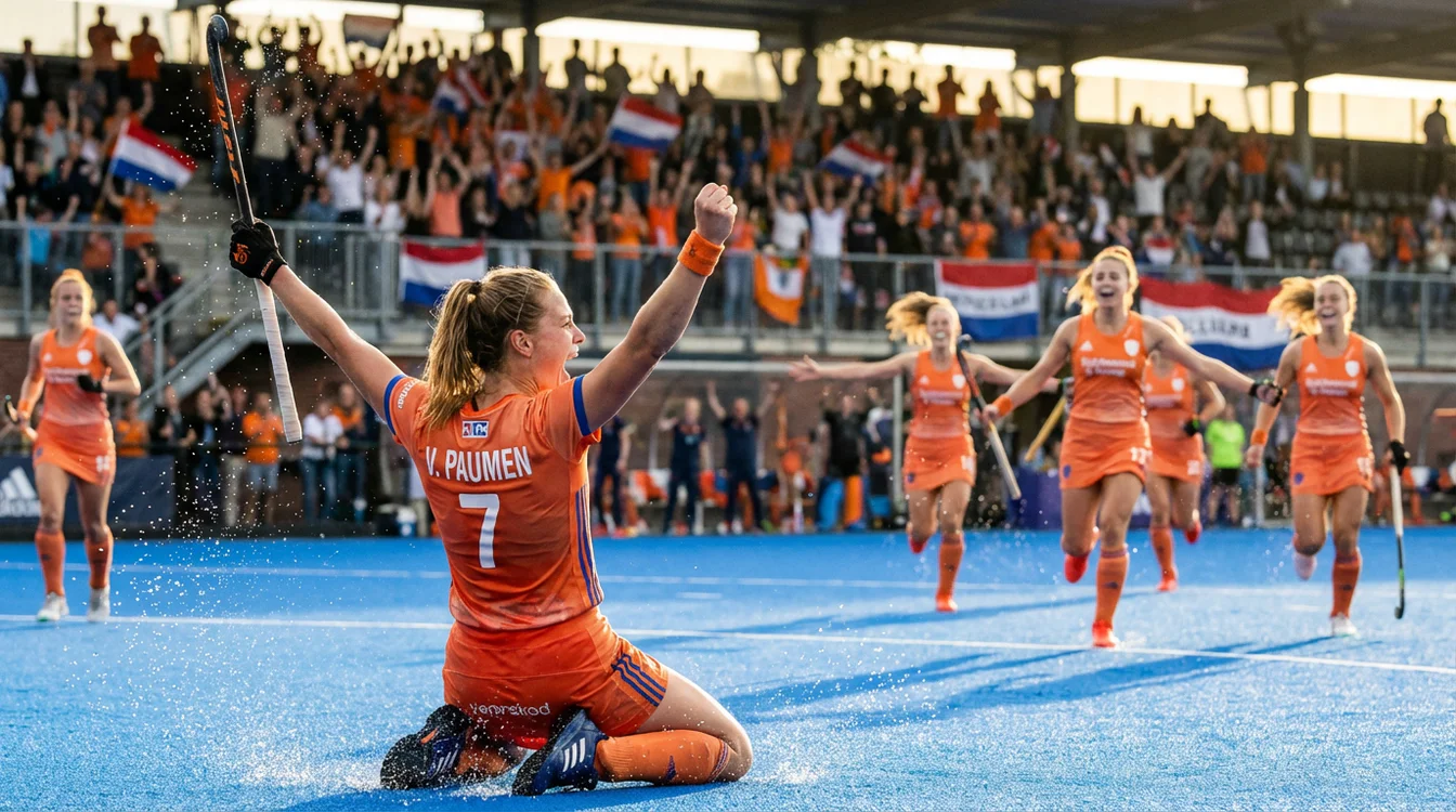 Hockeyspeler viert het maken van een doelpunt