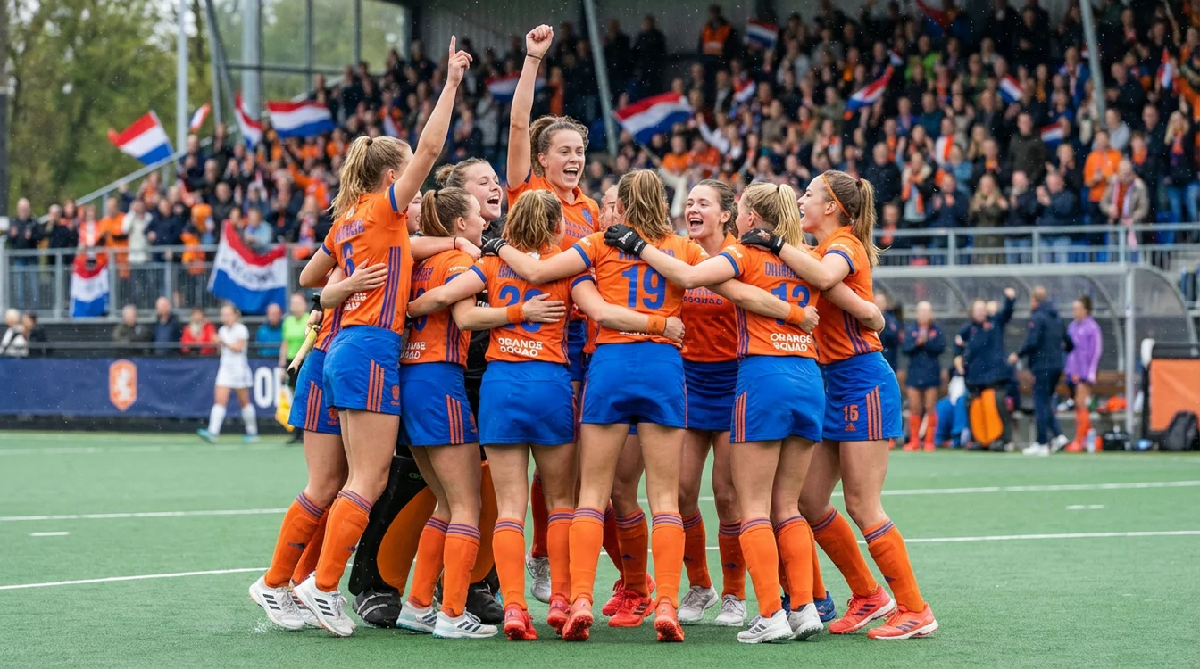 Hockeyteam viert een doelpunt samen op het veld