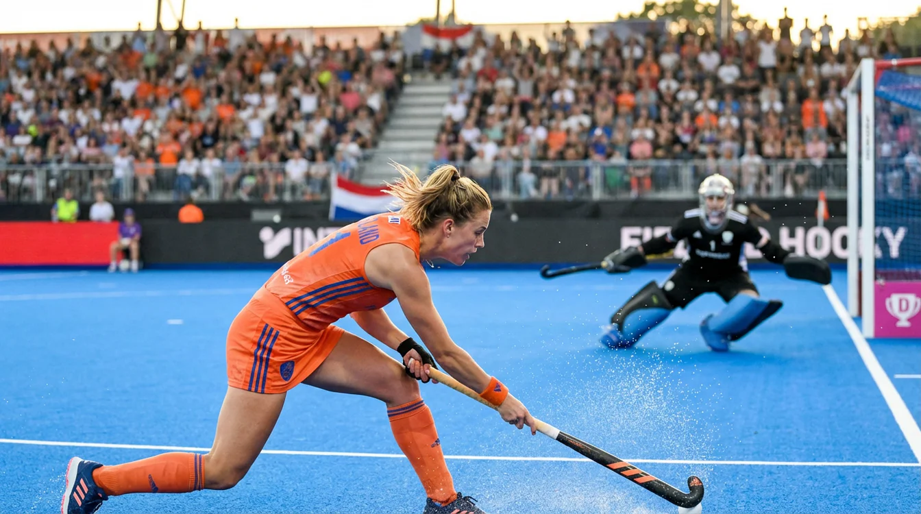 Hockeyspeelster neemt een strafcorner tijdens EK wedstrijd