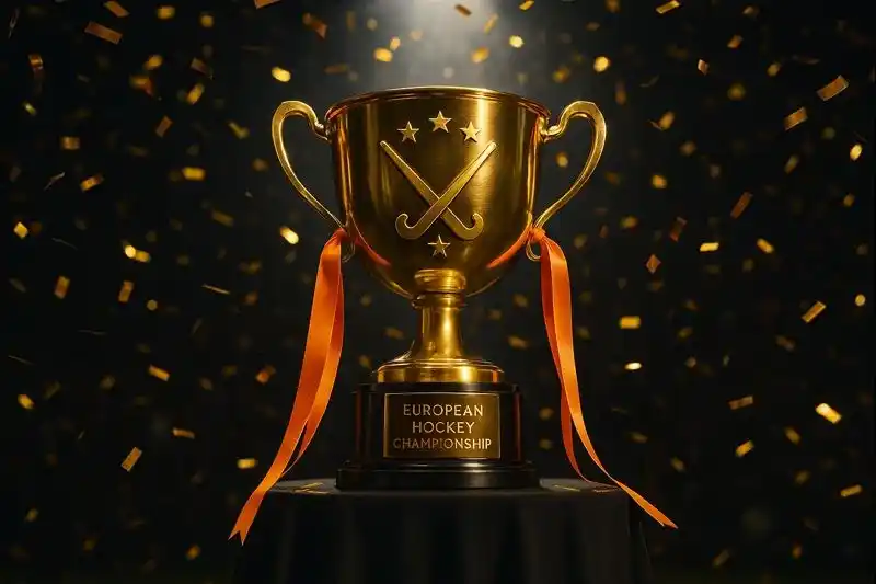 Europees Kampioenschap Hockey trofee met gouden beker en oranje linten voor de winnaar