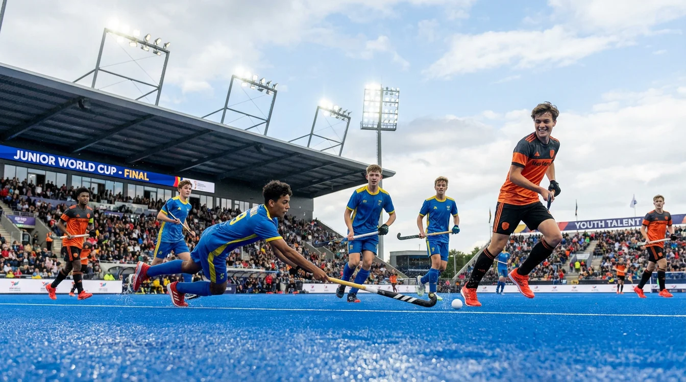 Jonge hockeyspelers tijdens internationale wedstrijd