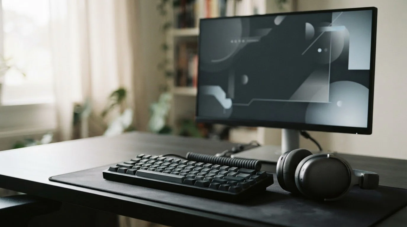 Leeg toetsenbord en headset op een bureau bij daglicht