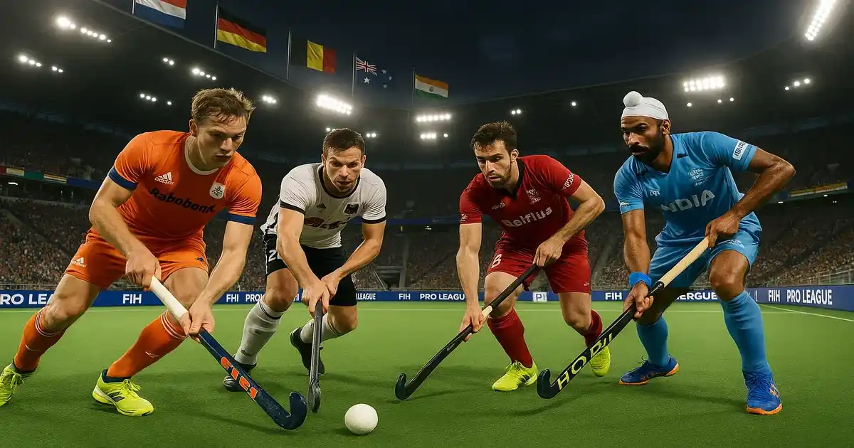 FIH Pro League wedstrijd met internationale teams in een modern hockeystadion