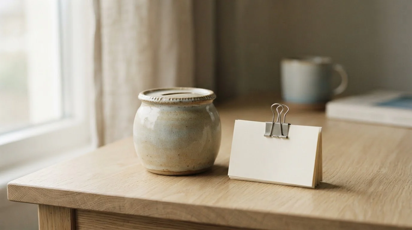 Stapeltje bonusbriefjes naast een leeg spaarpotje op een houten blad