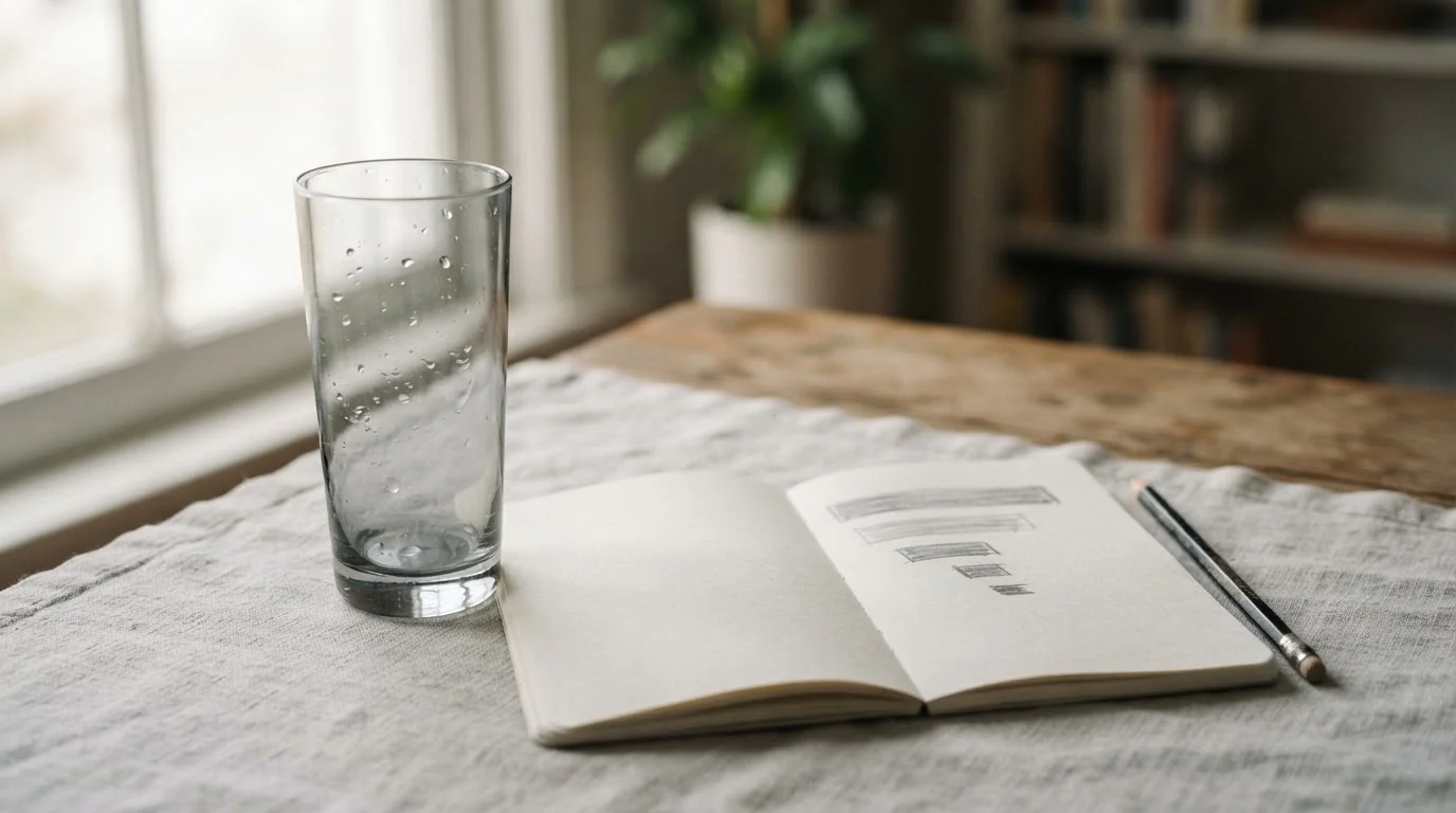 Bijna leeg glas water op een tafel naast een notitieblok