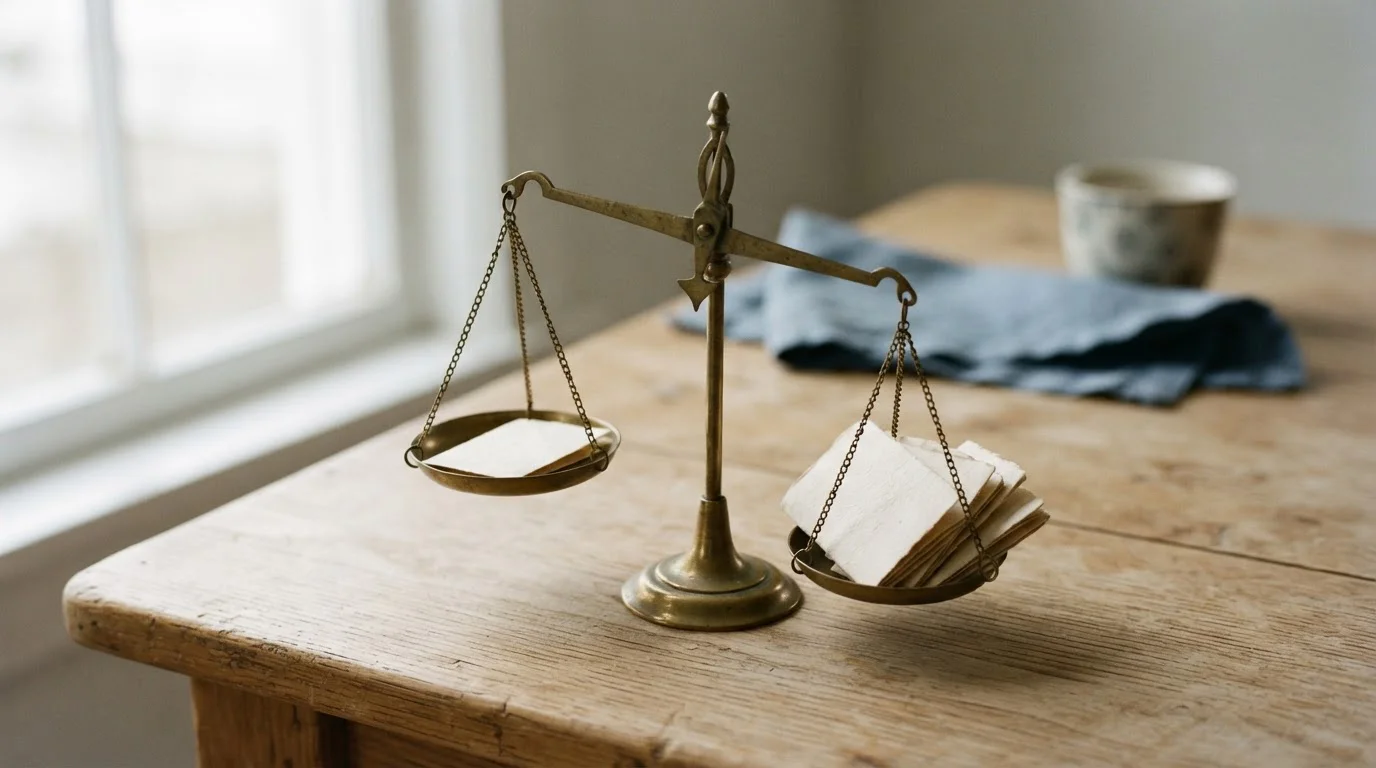 Weegschaal met papieren blaadjes op een rustige werktafel