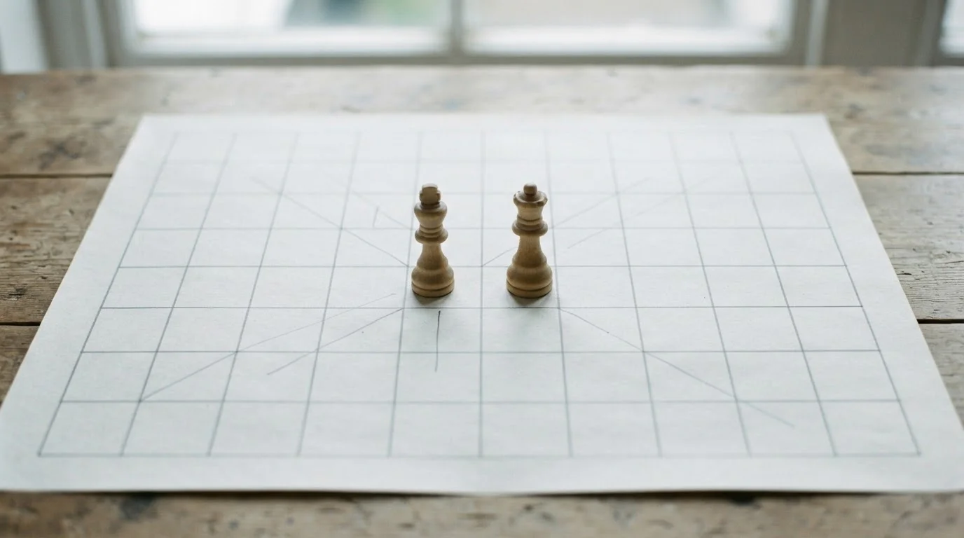 Twee schaakstukken tegenover elkaar op een raster van grijze vakjes