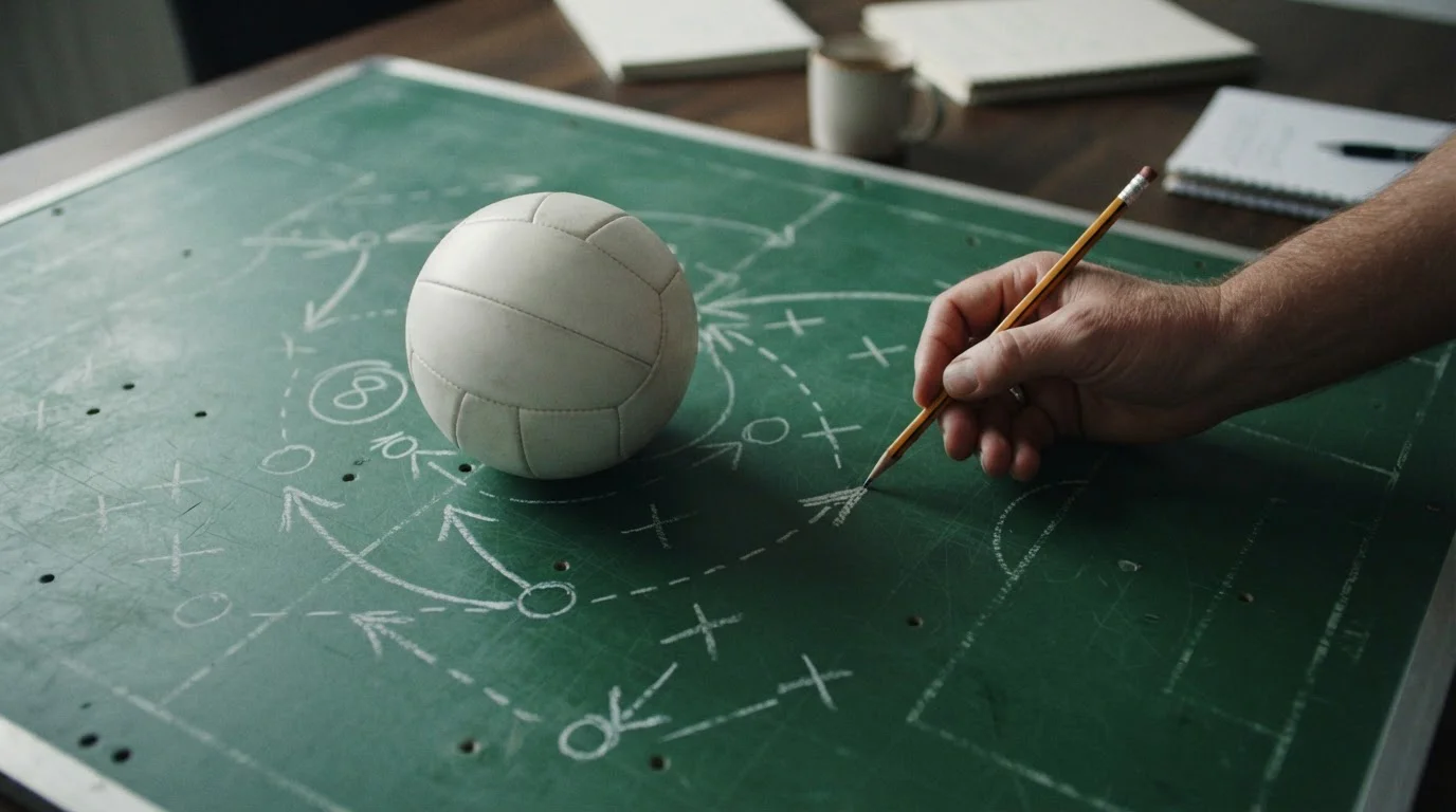 Voetbal op een tactiekbord met abstracte lijnen en pijlen