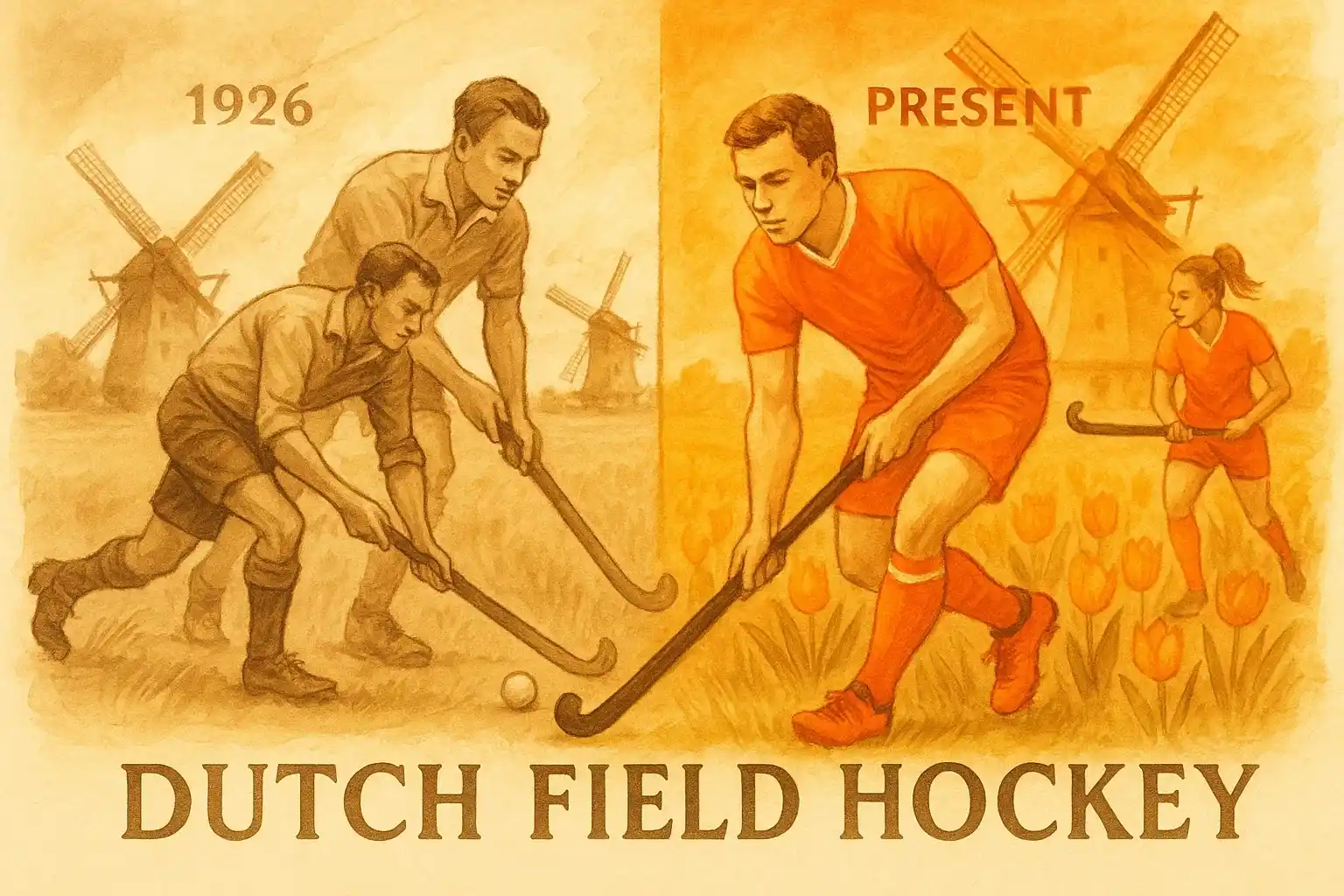 Artistieke illustratie van de geschiedenis van het Nederlands hockey van 1926 tot heden, met historische en moderne spelers