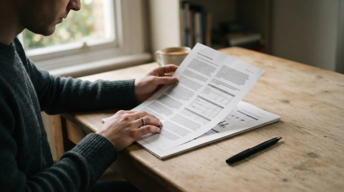 Handen die algemene voorwaarden doornemen op papier