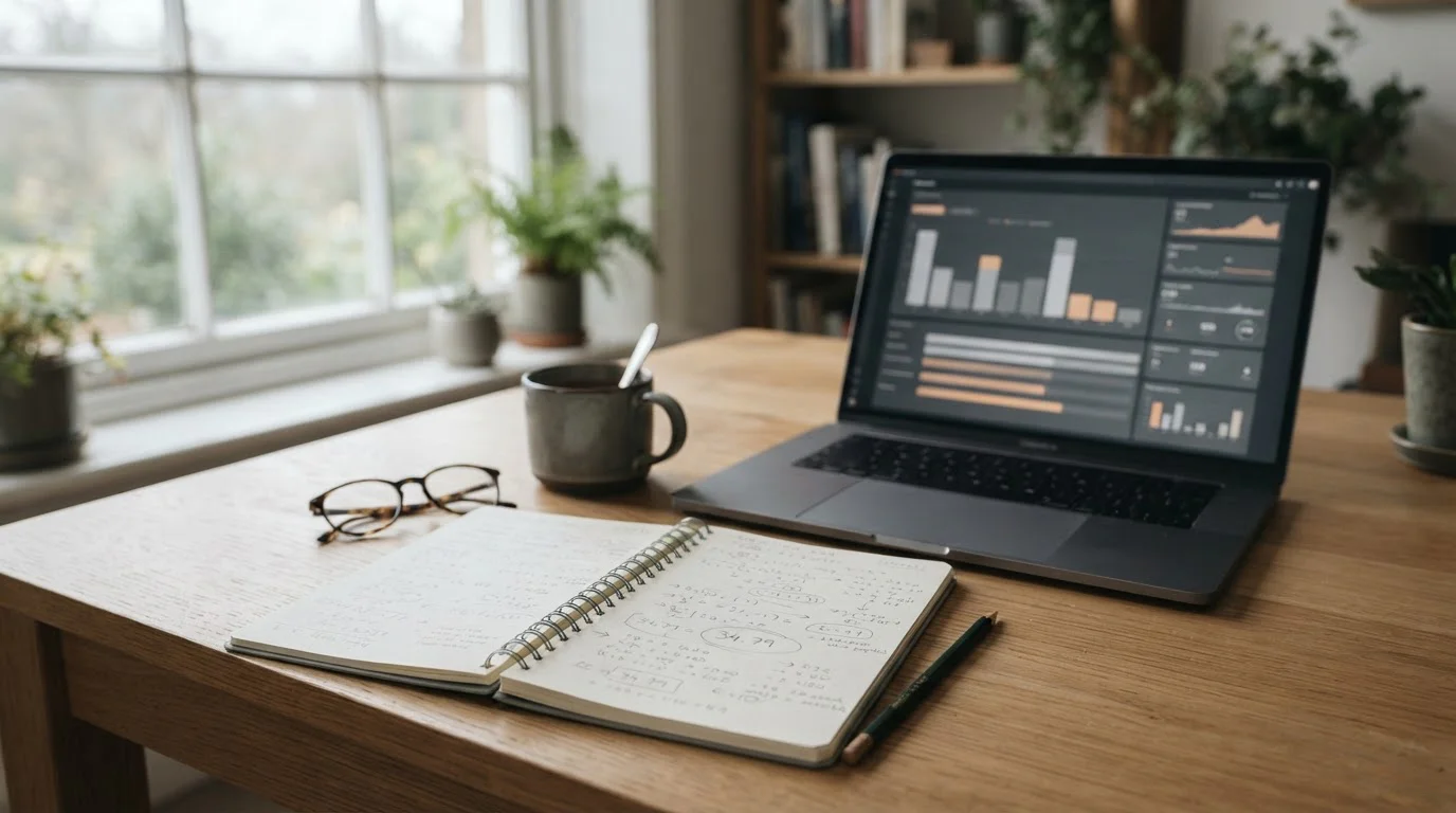 Notitieblok met stappenplan en laptop met quoteringen om op sport te leren wedden