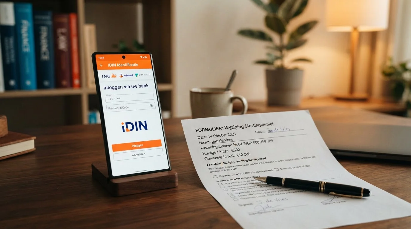Smartphone met een bankinlogscherm voor iDIN-verificatie naast een ingevuld limietformulier