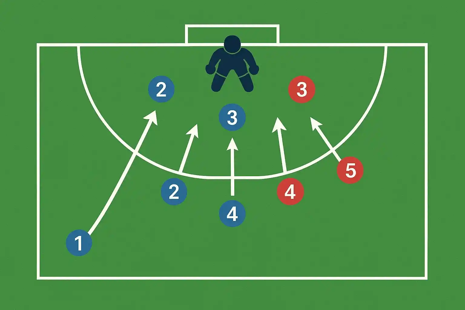 Diagram van strafcorner opstelling met posities van aanvallers, verdedigers en keeper