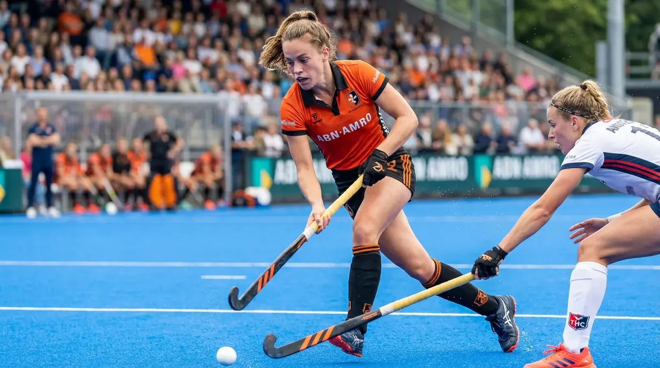 Hockeyspelers van topclub in actie tijdens Hoofdklasse wedstrijd