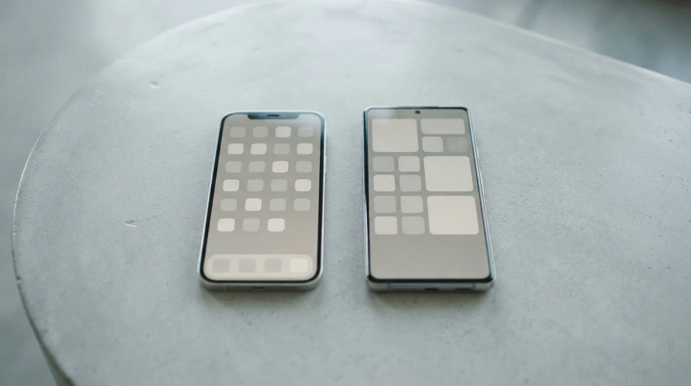 Twee smartphones naast elkaar op een tafel, &eacute;&eacute;n met iOS en &eacute;&eacute;n met Android