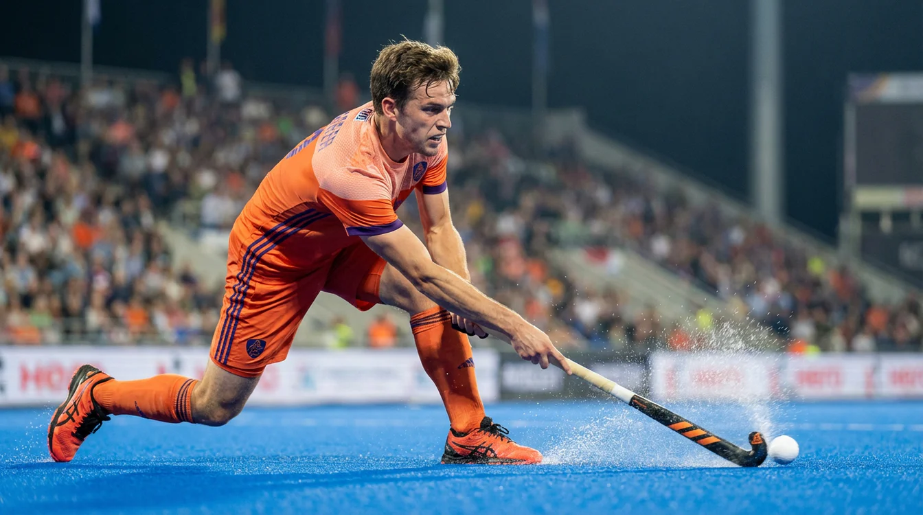 Jip Janssen neemt een strafcorner voor het Nederlands hockeyelftal