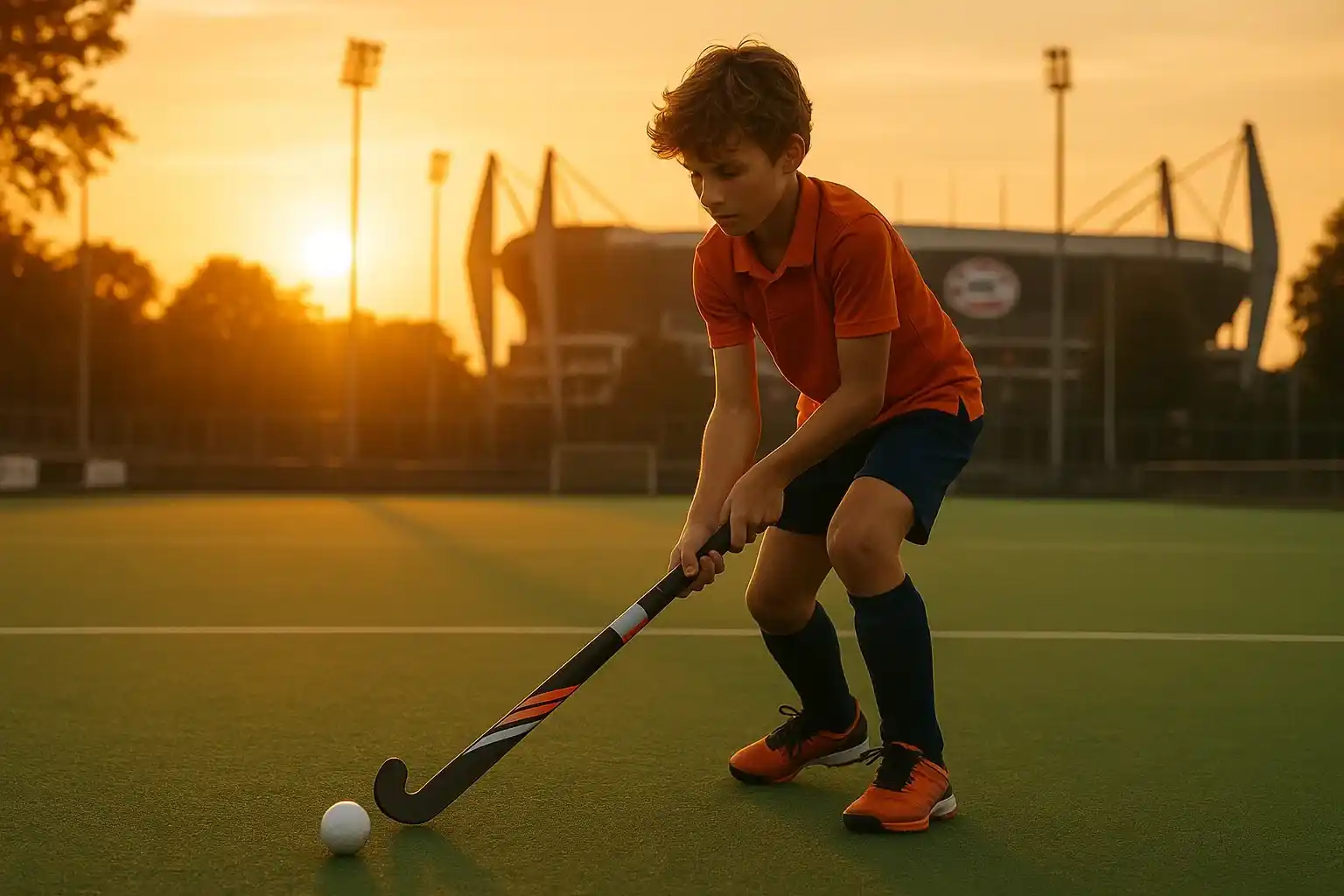Jonge hockeyspeler traint op het veld bij zonsondergang in Eindhoven