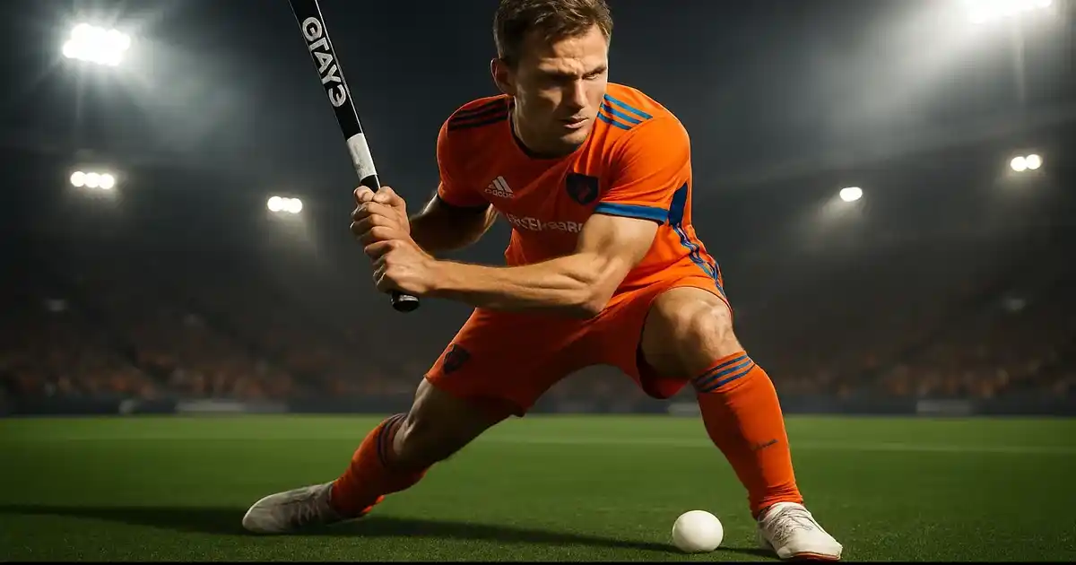 Jip Janssen bereidt zich voor op een strafcorner in het oranje shirt van het Nederlands elftal