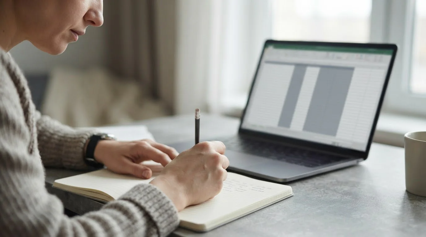 Hand die aantekeningen maakt naast een laptop met een neutraal vergelijkingsoverzicht