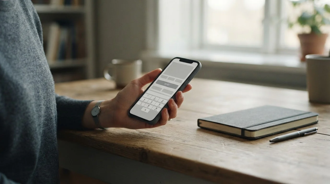 Telefoon met een neutraal betaalscherm en abstracte keuzeknoppen op een bureau