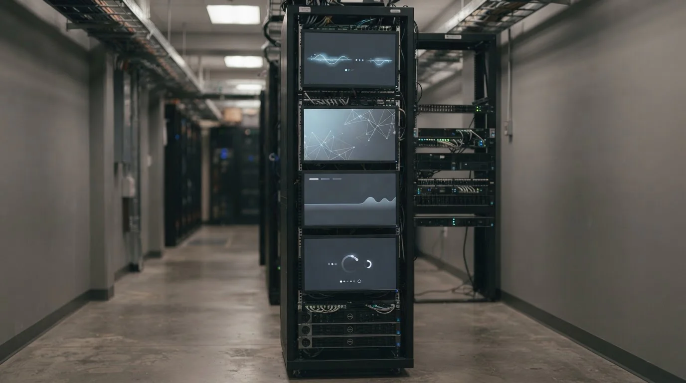 Serverruimte met neutrale schermen die een doorlopende real-time controle verbeelden