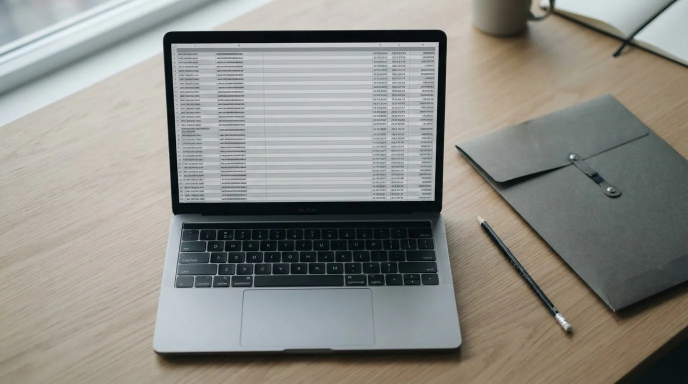 Laptopscherm met een register van neutrale, ongelabelde vergunningsrijen