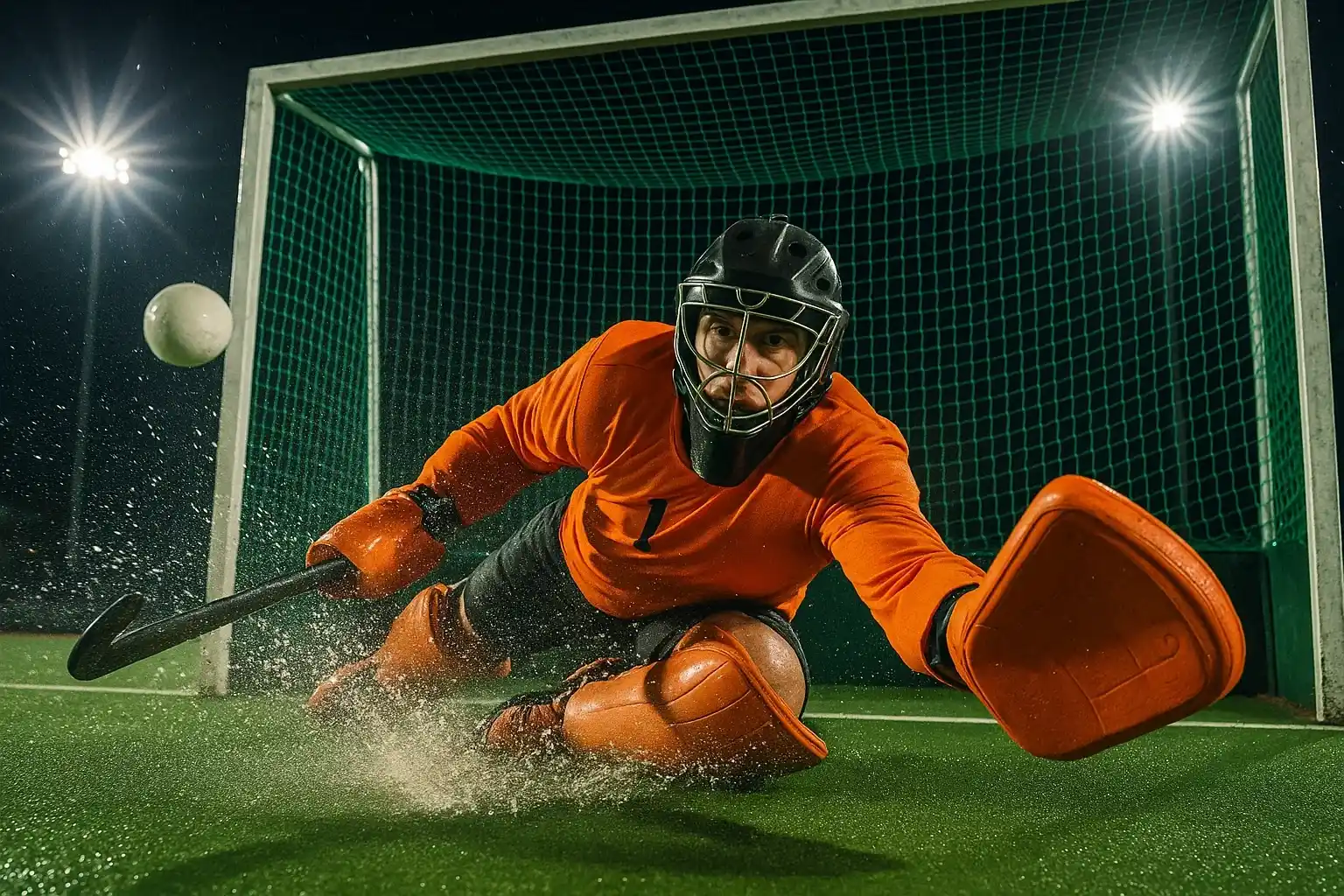 Nederlandse hockeykeeper in oranje maakt spectaculaire duikende redding tijdens een live wedstrijd