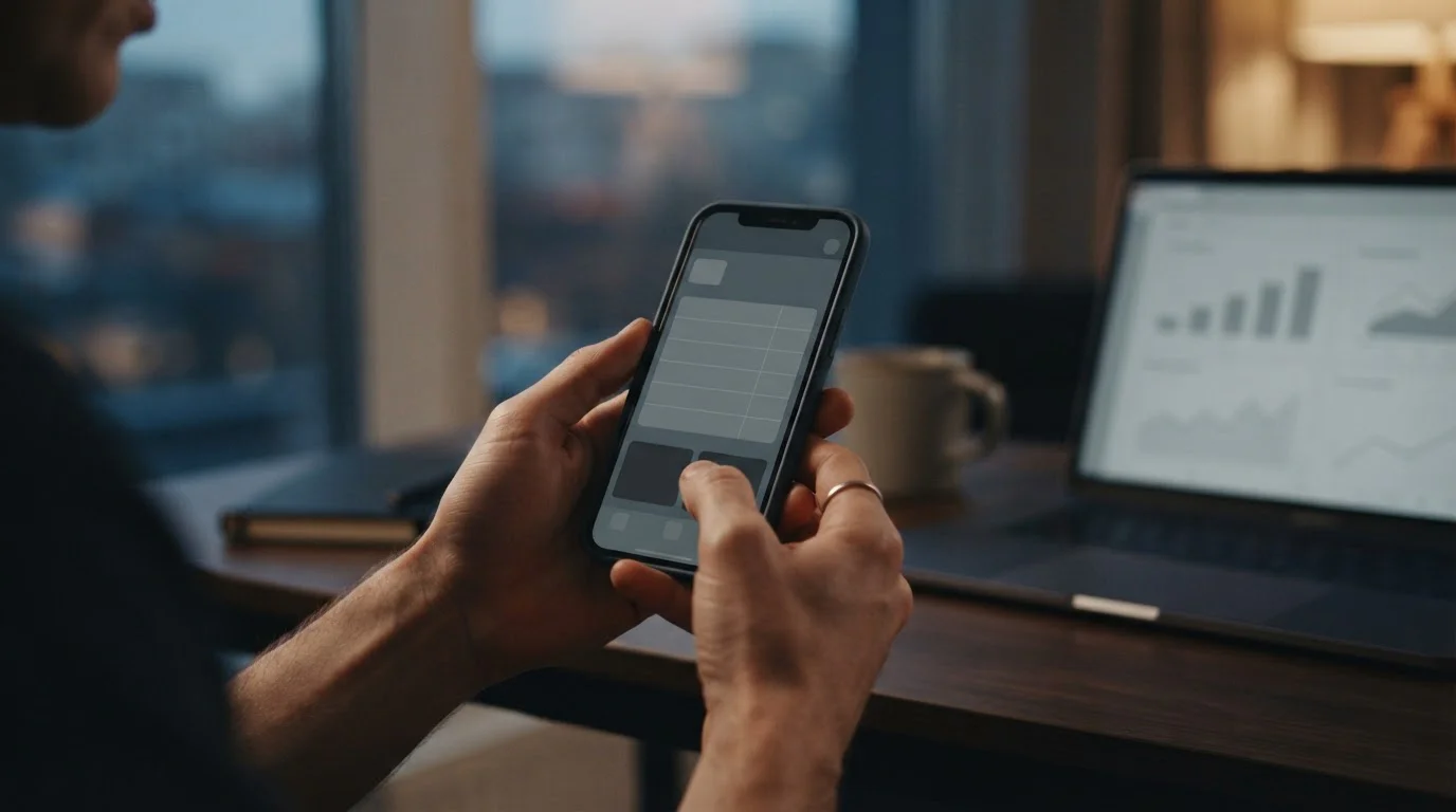 Handen houden een smartphone vast met een neutrale, lege interface