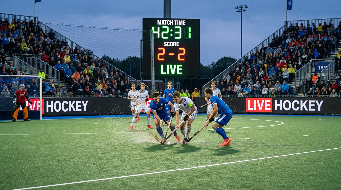 Spannende hockeywedstrijd met live scorebord op de achtergrond