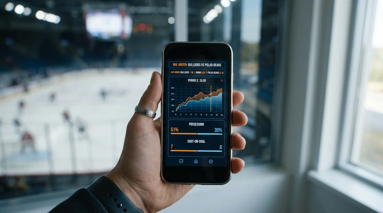 Smartphone met live hockey wedden app en statistieken