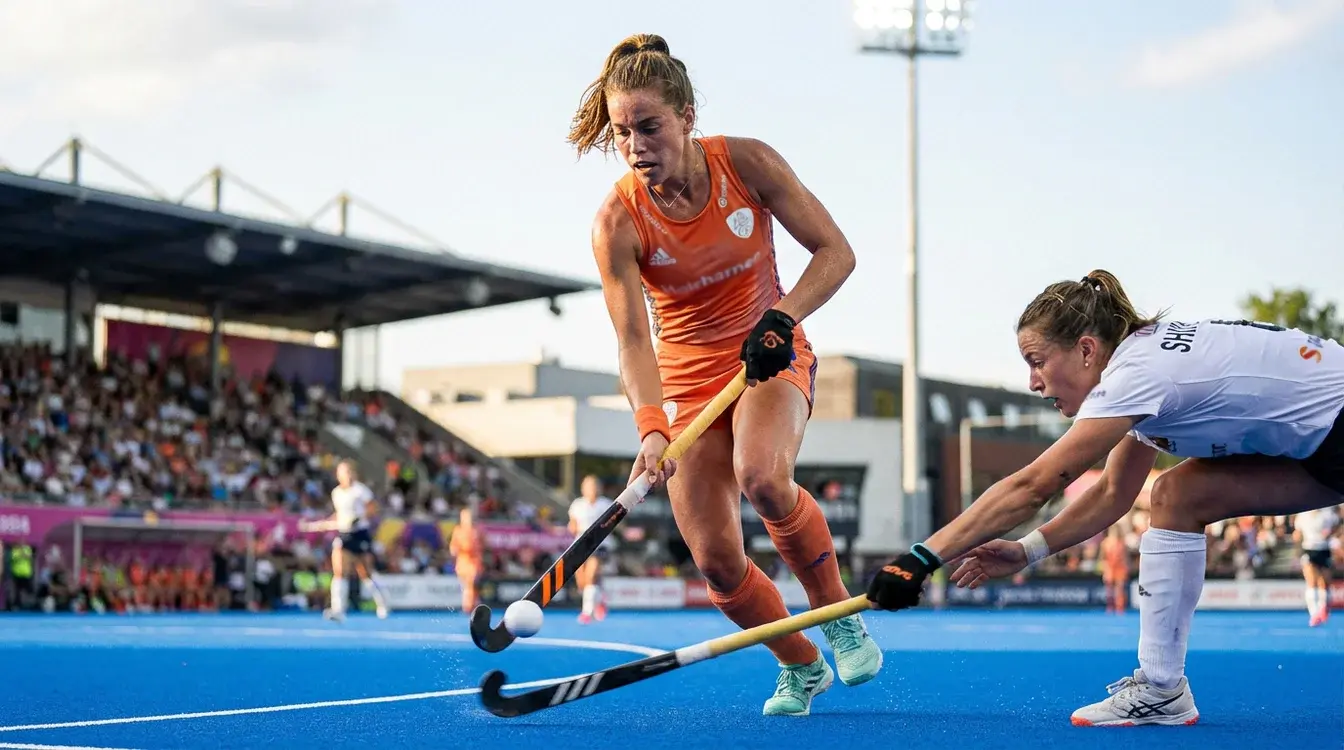 Hockeyspeelster dribbelt langs een verdediger op kunstgrasveld