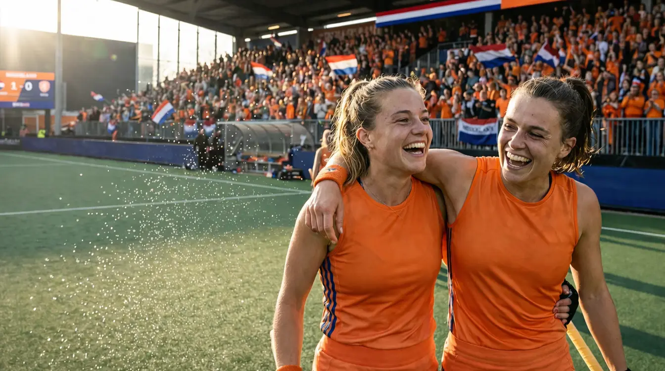 Frédérique Matla en Marijn Veen vieren een doelpunt voor de Oranje Dames