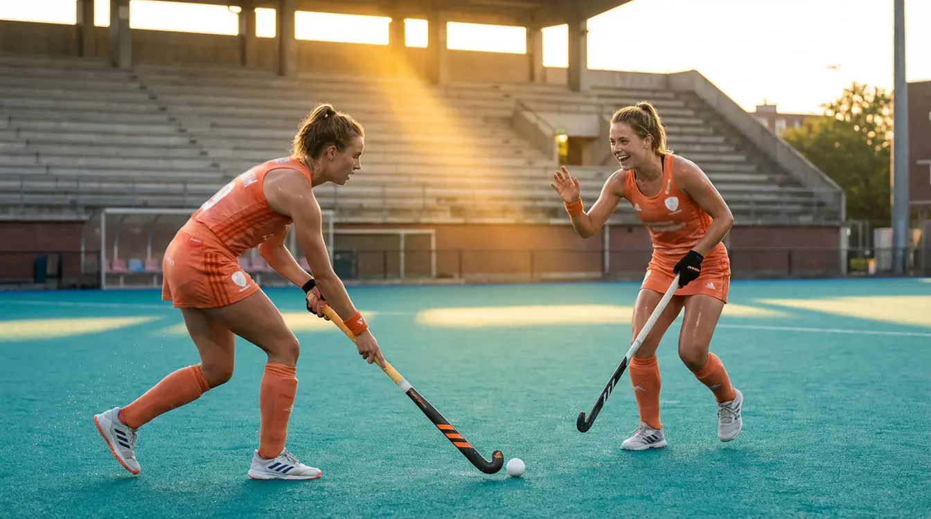 Twee hockeyspeelsters tijdens een trainingsessie op kunstgrasveld