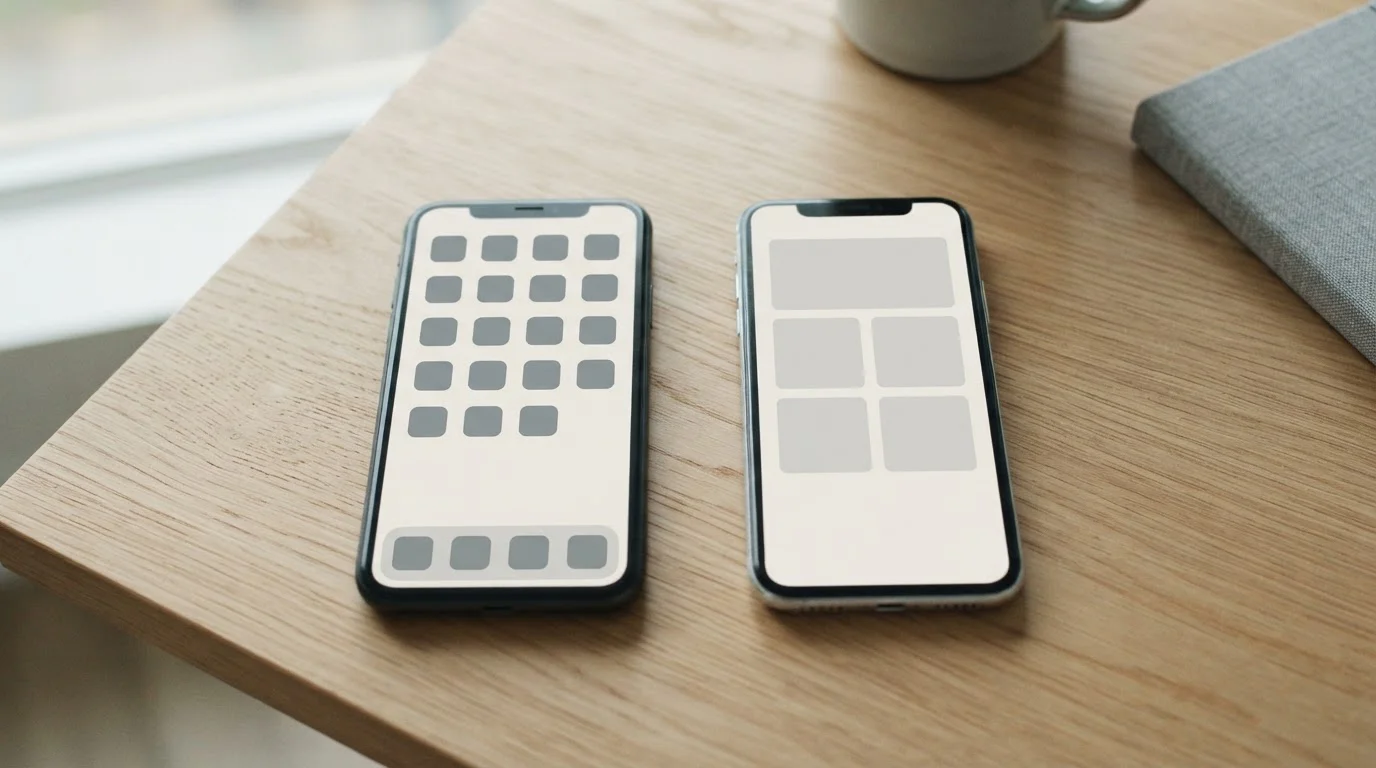 Twee smartphones naast elkaar met neutrale interfaceschermen op een tafel