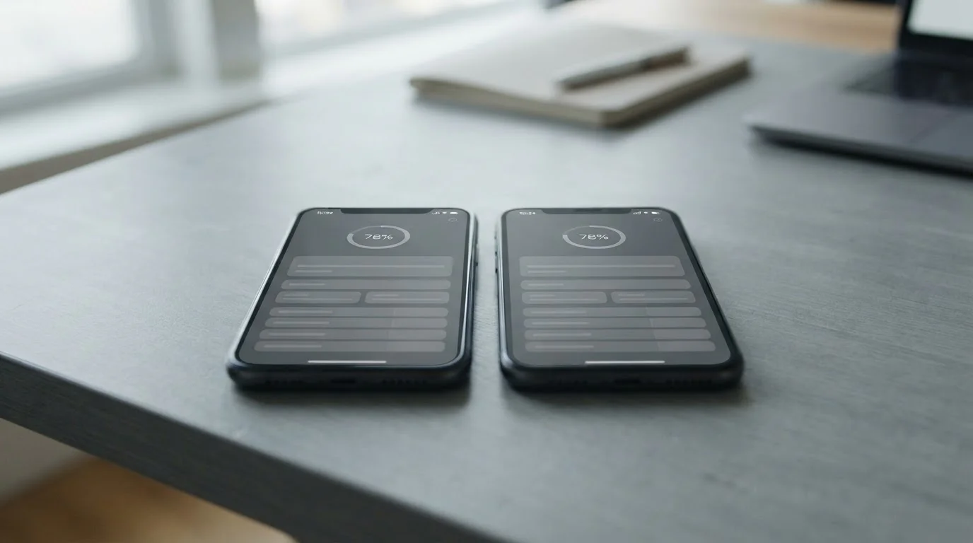 Twee smartphones naast elkaar met neutrale batterij- en verbruiksmeters op het scherm
